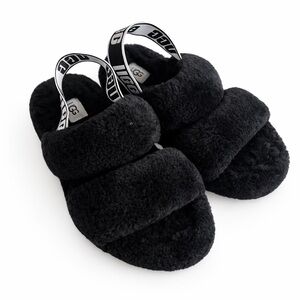 UGG Fluff Yeah Slide Slippers Black Shearling Platform Sandals